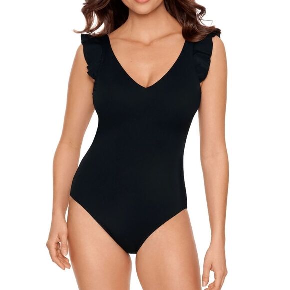 Time and Tru Black Ruffle Strap One Piece Swimsuit - NEW - Picture 1 of 4